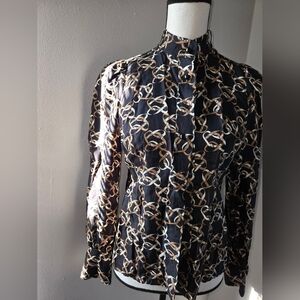 Banana Republic Black and Tan Long Sleeve Blouse with Mandarin Collar